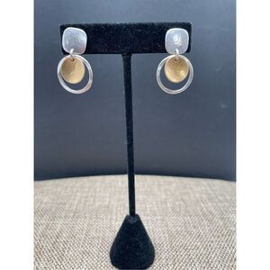 Marjorie Baer Post Earrings: Rounded Square with Ring and Dished Disc Stamped